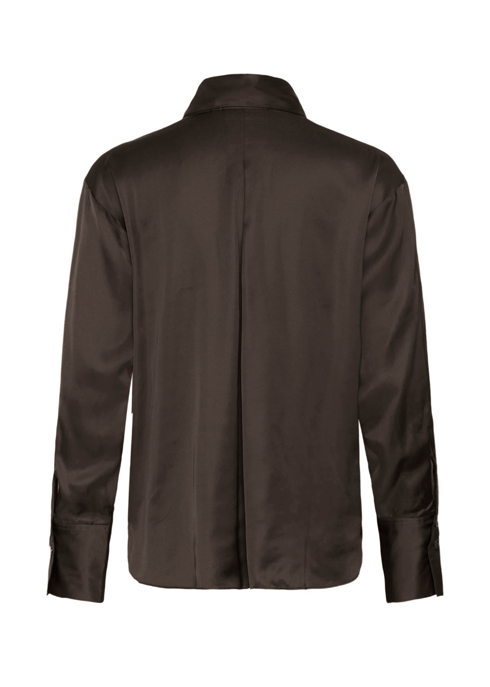 A dark brown long-sleeve shirt shown from the back, featuring a classic collar and a central seam, displayed on a clean white background.