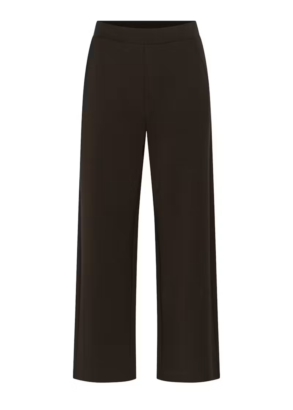 A pair of dark brown wide-leg cropped pants shown flat against a solid white background.