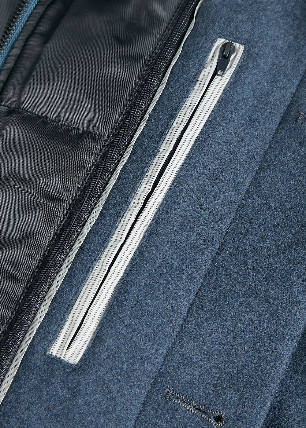 Close-up of a blue jacket with a zipper