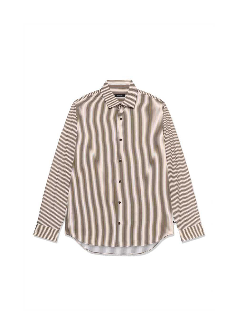 A beige and white vertically striped long-sleeve button-down shirt with a pointed collar, displayed flat against a solid white background.