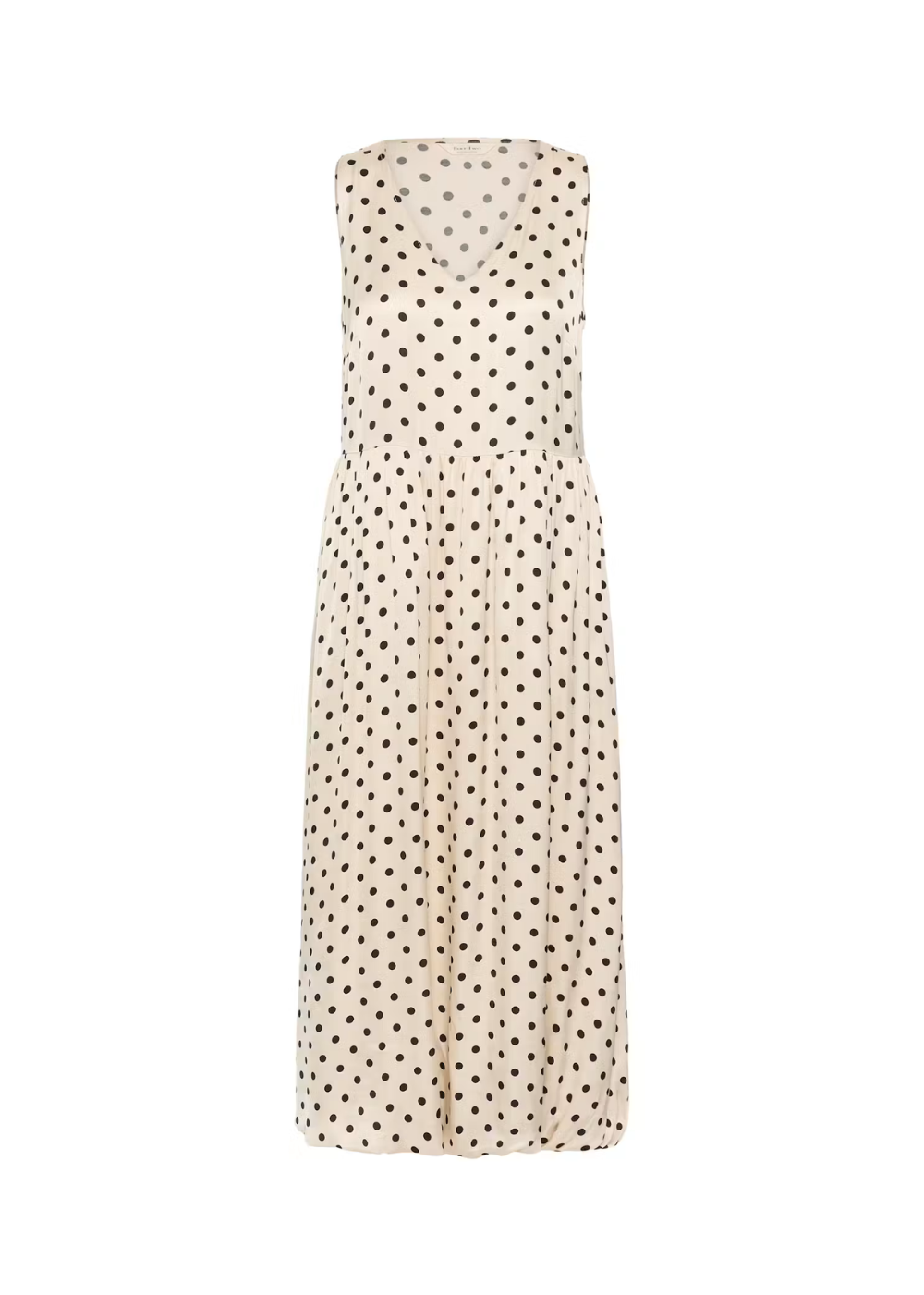 A sleeveless V-neck maxi dress with a black polka dot pattern on a warm cream background, shown against a plain white background.
