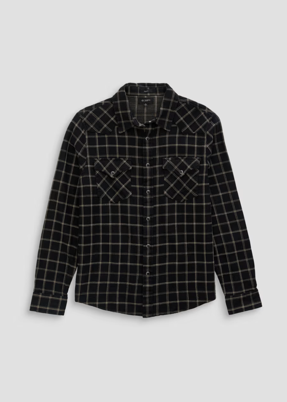 A black long-sleeve plaid button-up shirt with two chest pockets, displayed flat against a light gray background.