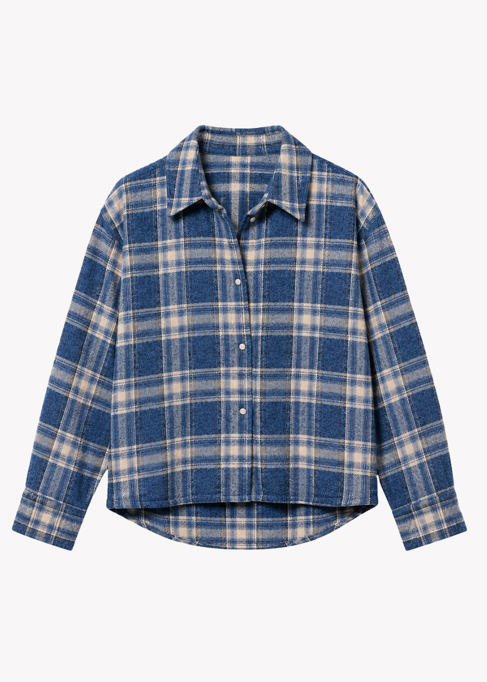 A blue and beige plaid button-up shirt with a relaxed fit, laid flat against a light gray background.