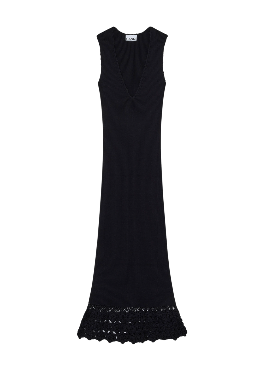 Fine Cotton Rib Crochet V-Neck Dress - Black - GANNI - Canada - Danali - A1030474