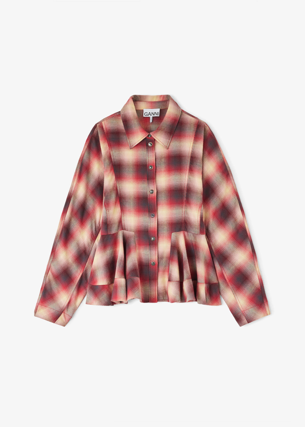 A long-sleeve button-up shirt with a red, beige, and dark gray plaid pattern and a peplum waist, shown against a plain white background.