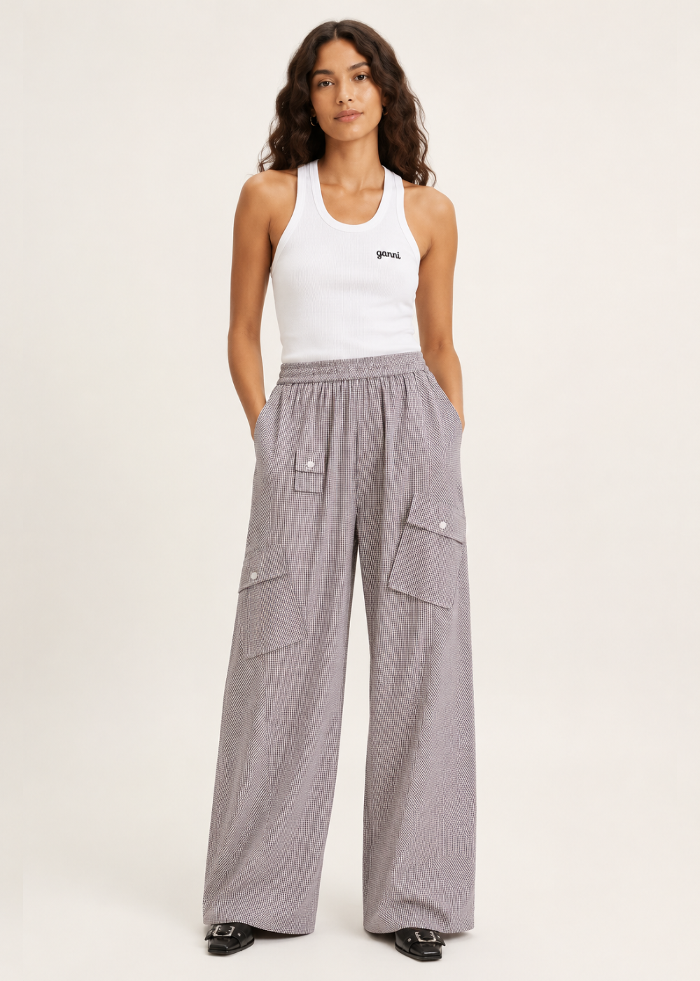 Check Cotton Cargo Pants - Chicory Coffee - GANNI Canada - Danali - A1080143