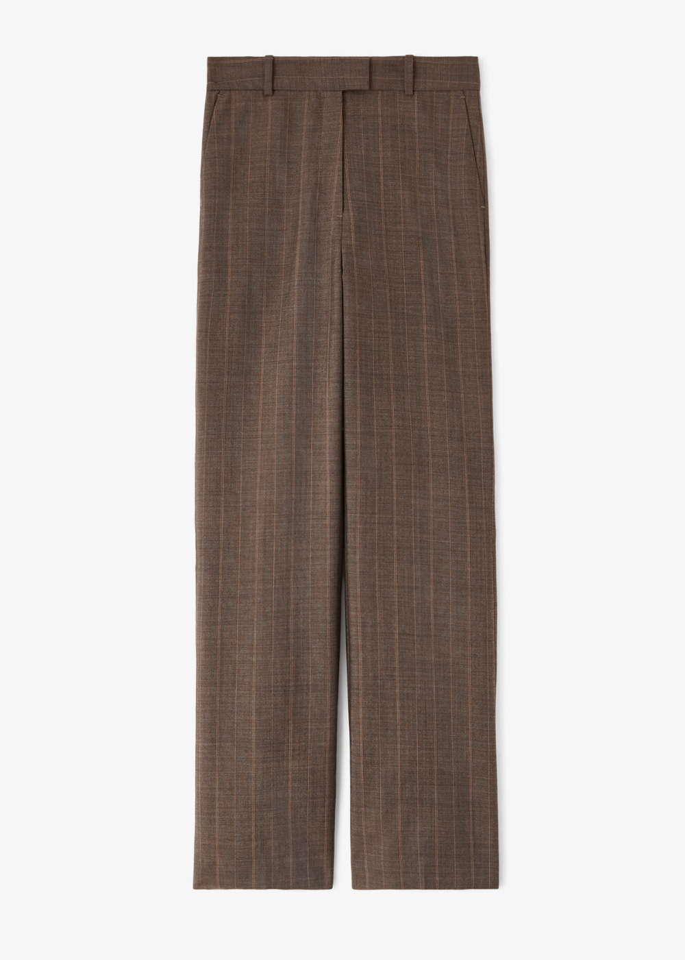 A pair of brown plaid trousers shown flat against a light gray background.