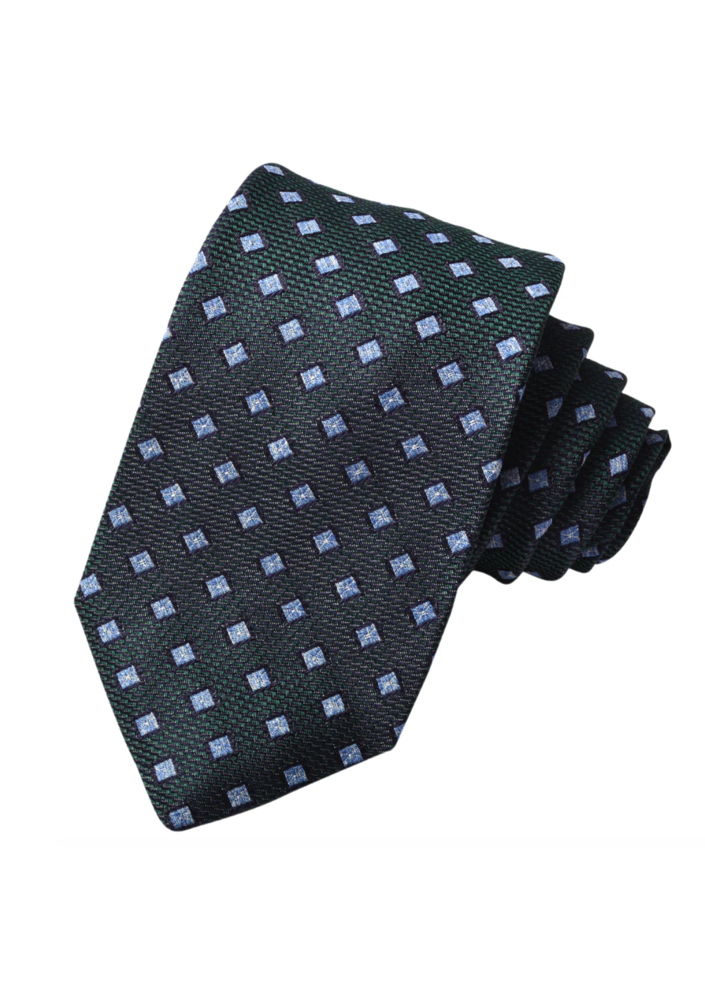 Green tie with blue square pattern on a white background