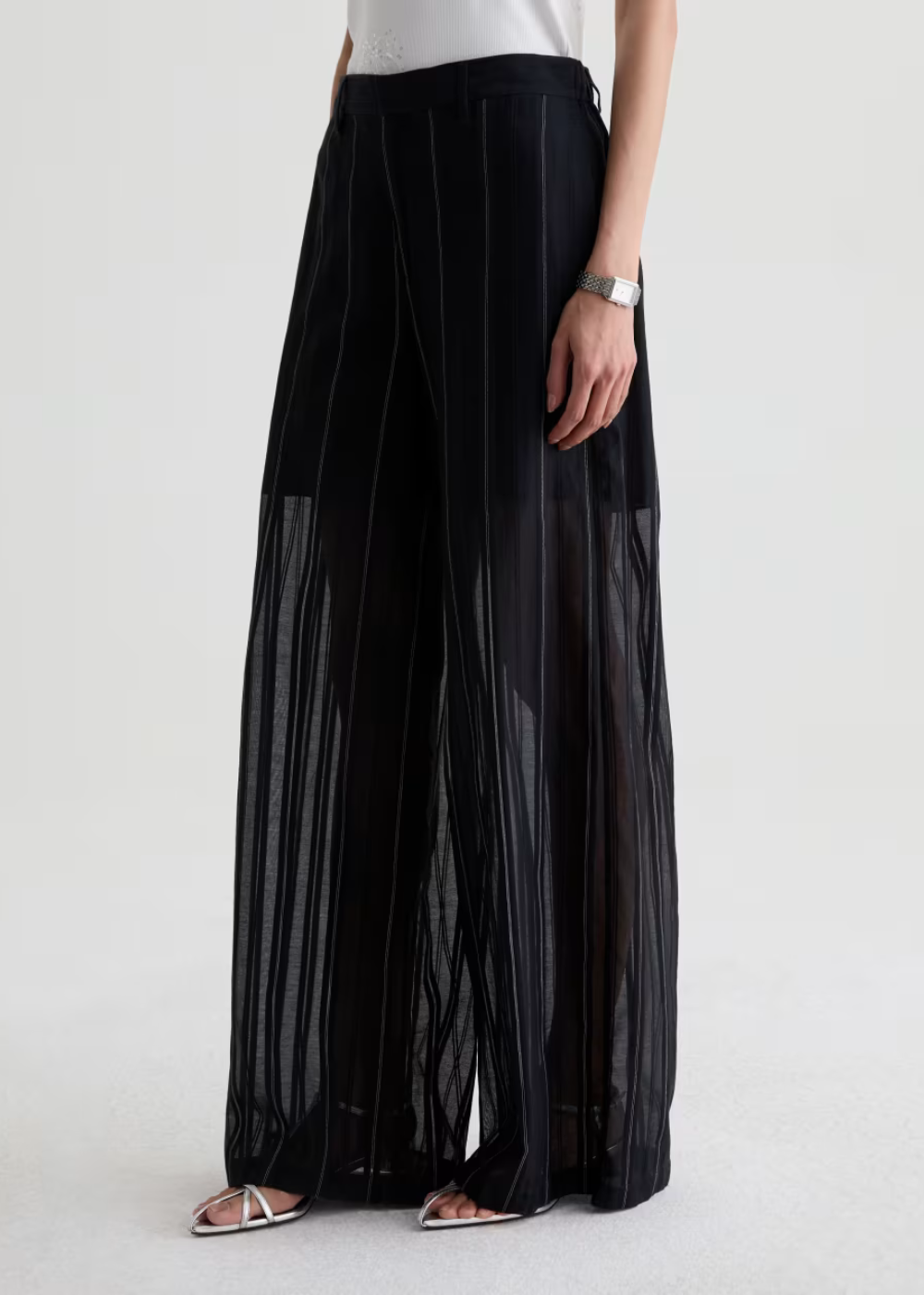 Black wide-leg pleated trousers with sheer mesh side panels, shown on a model wearing a white top and silver sandals against a light gray studio background.
