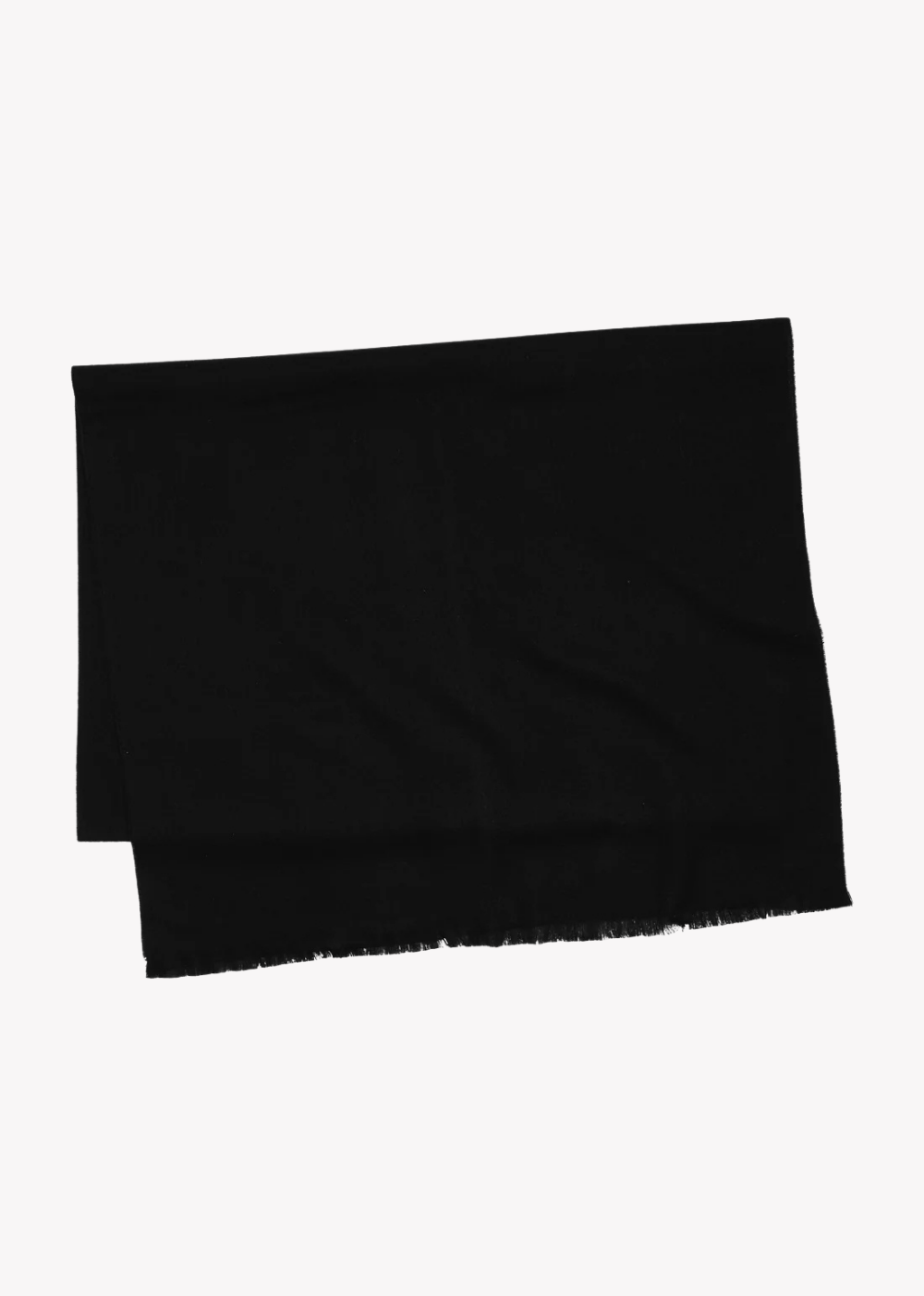A black rectangular scarf with fringed edges, folded neatly on a plain white background.