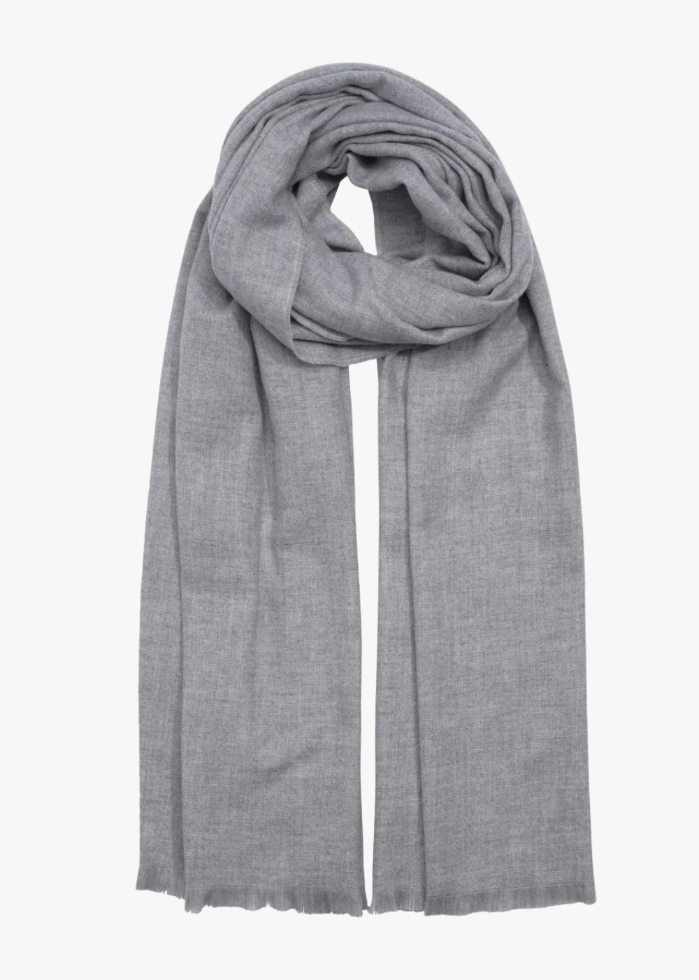 A light gray woven scarf with frayed edges, draped in a loose loop against a plain white background.