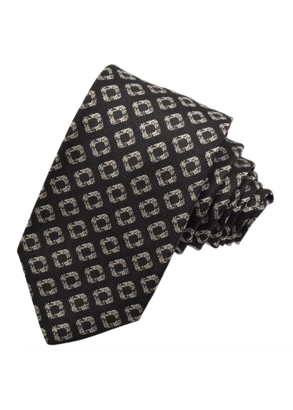 Black tie with geometric pattern on a white background