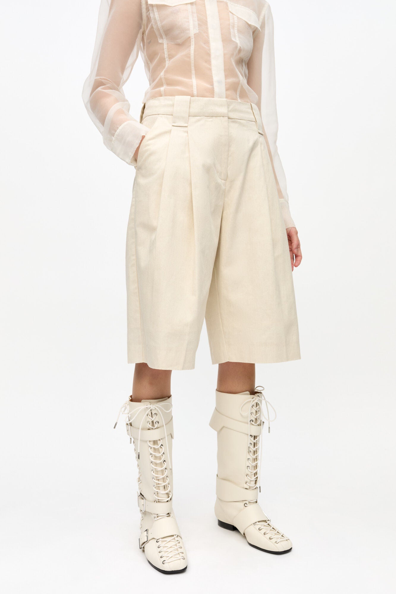 Cotton Melange Tailoring Wide Shorts - Angora - GANNI Canada - Danali