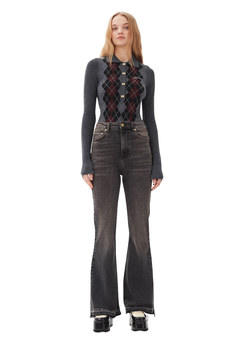 Fine Merino Jacquard Polo - Frost Grey - GANNI Canada - Danali