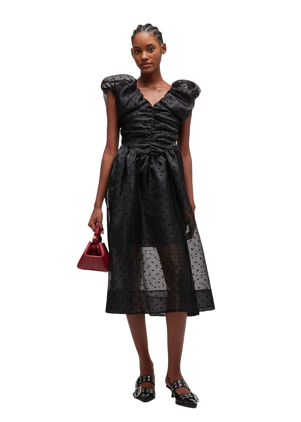 Flocked Organza Long Ruched Dress - Black - GANNI Canada - Danali - A1030107