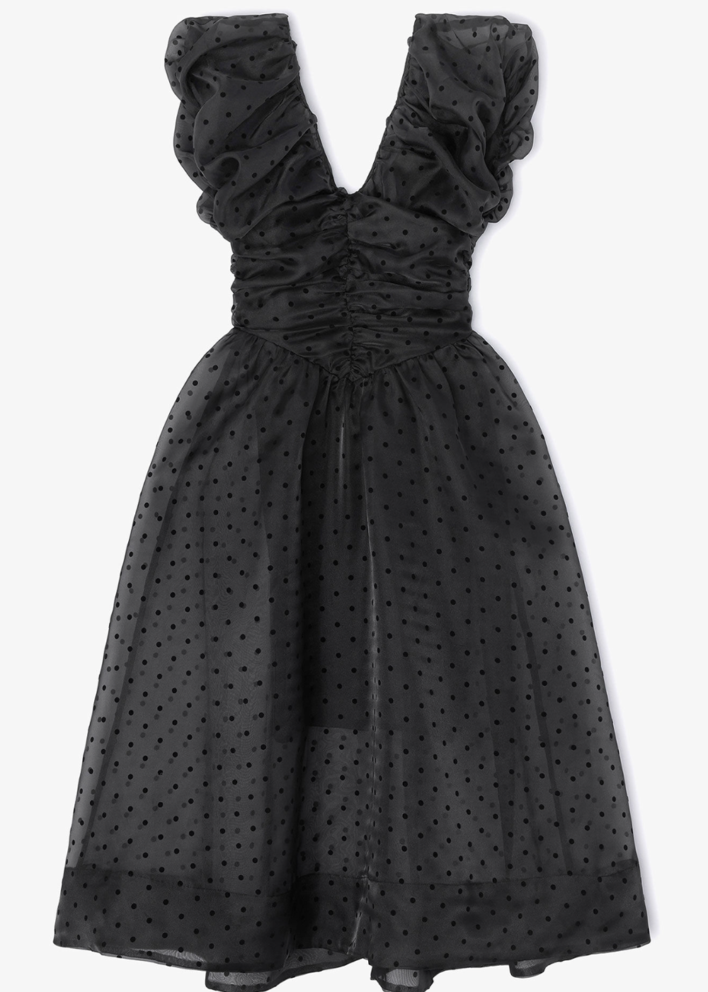 Flocked Organza Long Ruched Dress - Black - GANNI Canada - Danali - A1030107