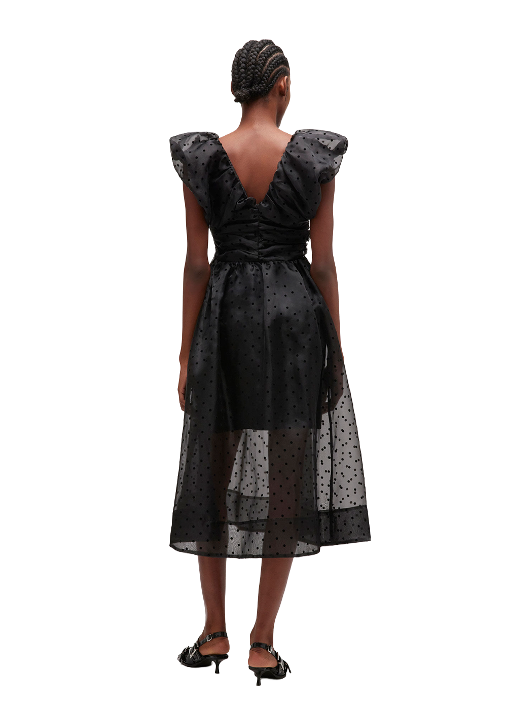Flocked Organza Long Ruched Dress - Black - GANNI Canada - Danali - A1030107