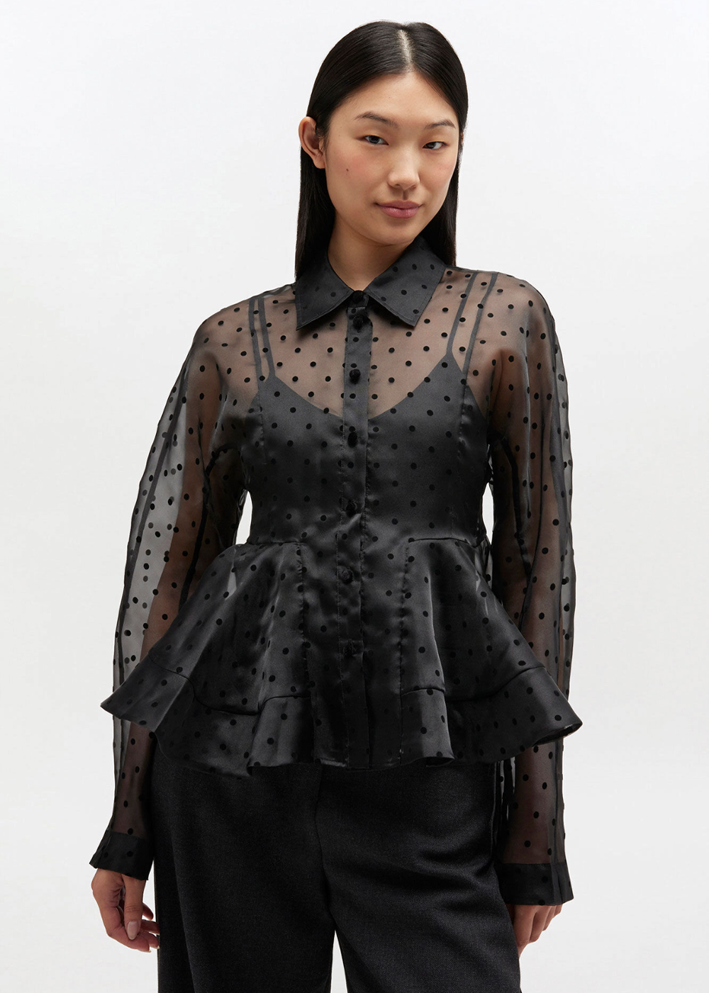 Flocked Organza Peplum Shirt - Black - GANNI Canada - Danali - A1040083