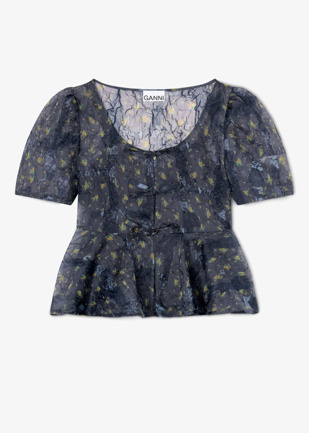 Printed Shibori Organza Sun Cut Peplum Blouse - Black Sand - GANNI Canada - Danali