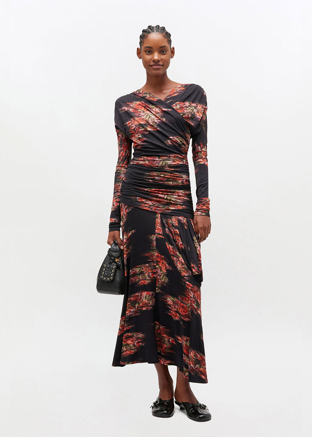 Printed Shiny Jersey Ruched Long Dress - Black - GANNI Canada - Danali