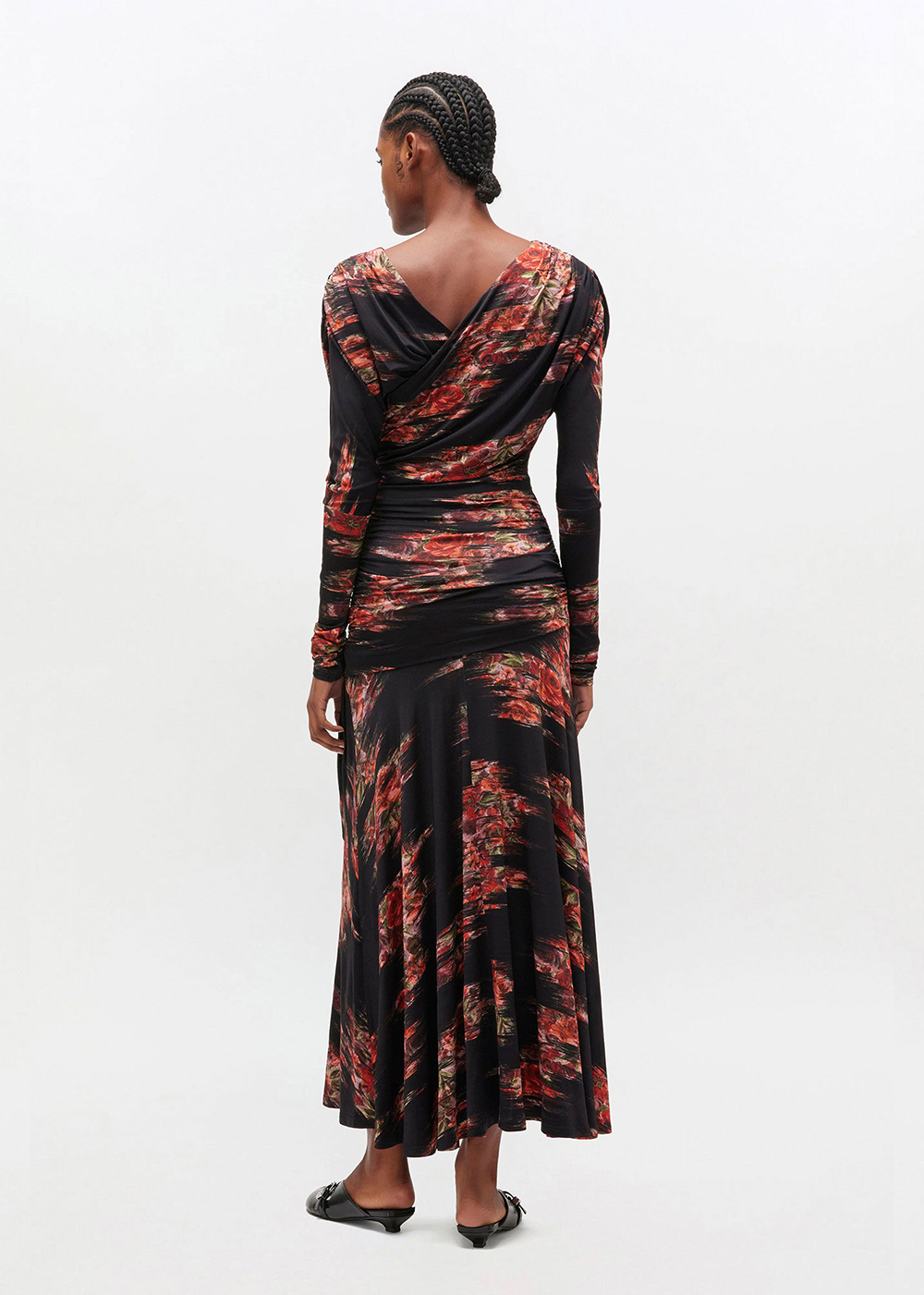 Printed Shiny Jersey Ruched Long Dress - Black - GANNI Canada - Danali