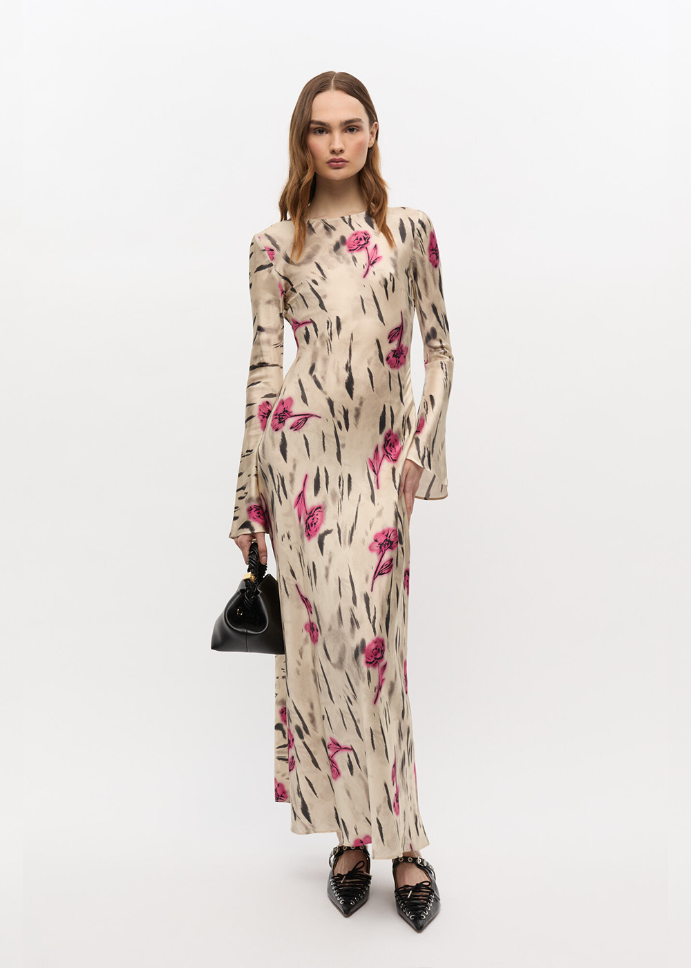 Printed Stretch Satin Long Sleeve Maxi Dress - Egret - Tiger of Sweden Canada - Danali