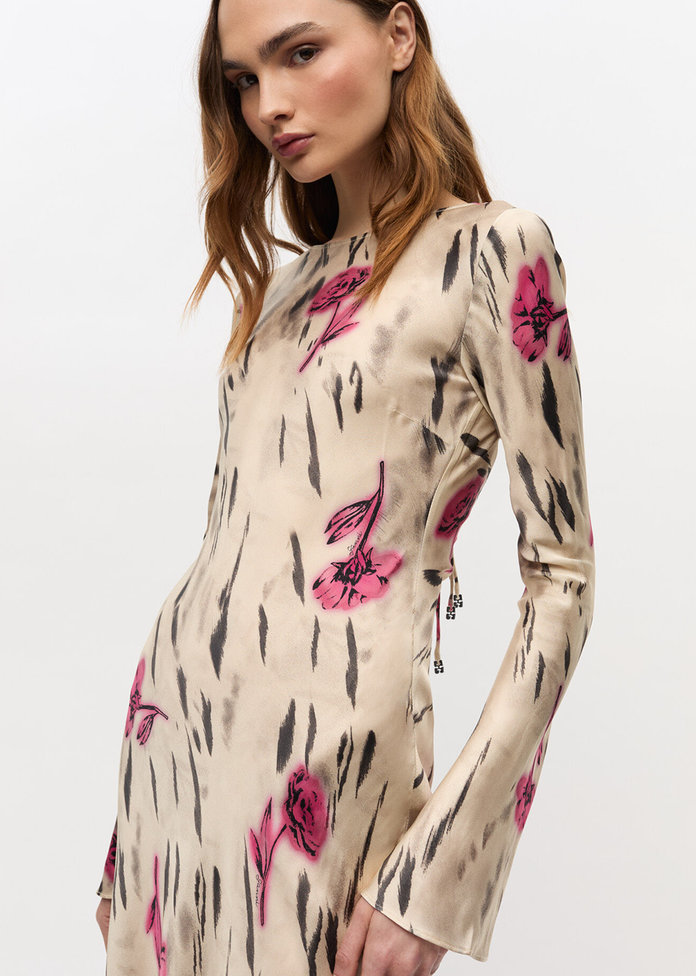 Printed Stretch Satin Long Sleeve Maxi Dress - Egret - Tiger of Sweden Canada - Danali