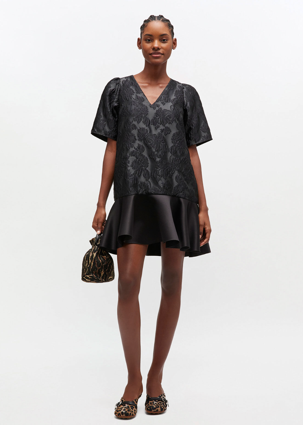 Satin Cloque Mini V-Neck Dress - Black - GANNI Canada - Danali