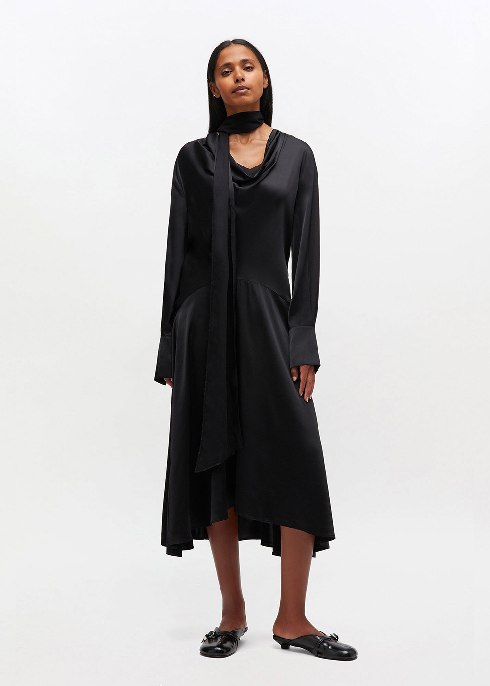 Solid Stretch Satin Cowl Scarf Midi Dress - Black - GANNI Canada - Danali