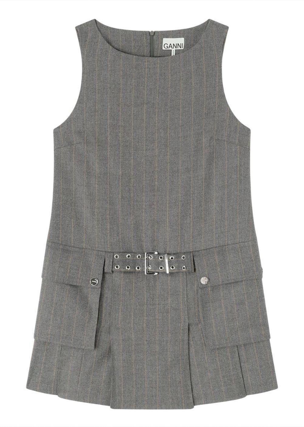 Wool Stripe Belted Mini Dress - Pewter Melange - GANNI Canada - Danali