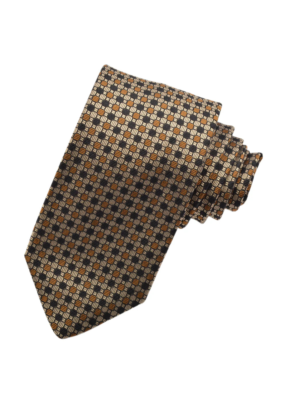 A patterned necktie with a small geometric checkered design in brown, beige, and black, folded diagonally on a plain white background.