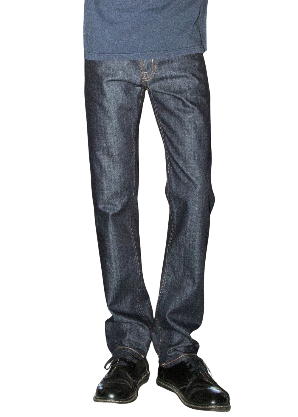 A person wearing dark blue straight-leg denim jeans with black leather shoes, shown from the waist down against a plain white background.