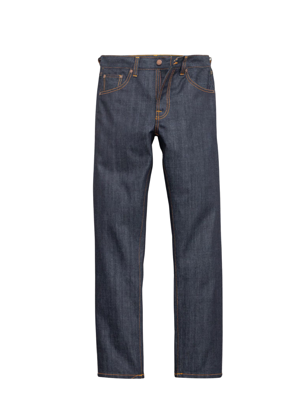 A pair of dark blue denim jeans shown flat against a plain white background.