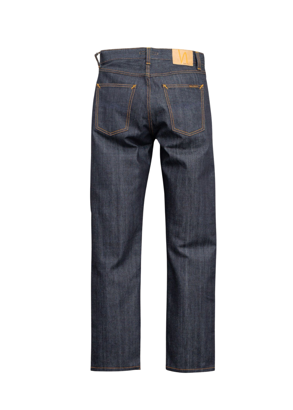 Back view of dark blue denim jeans with contrast gold stitching and a tan leather patch at the back waistband, shown on a plain white background.