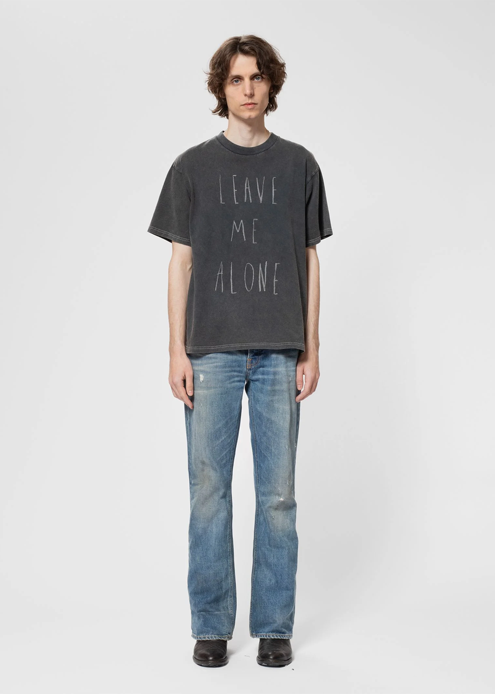 Nudie Jeans Koffe Leave Me Alone Tee Antracite Men s Organic T shirts X Large Sustainable Clothing