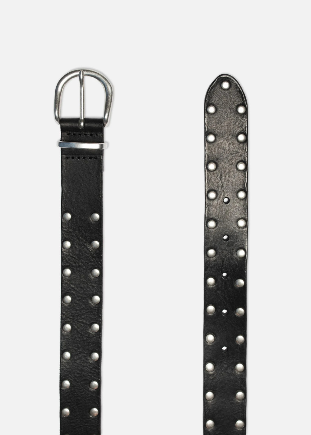 A black leather belt shown from two angles on a light gray background: one view shows the silver-tone metal buckle and the other shows the studded strap end.