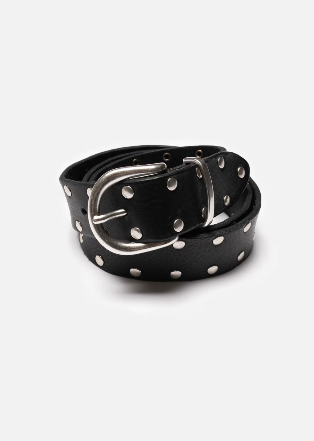 Black studded leather belt on a white studio background
