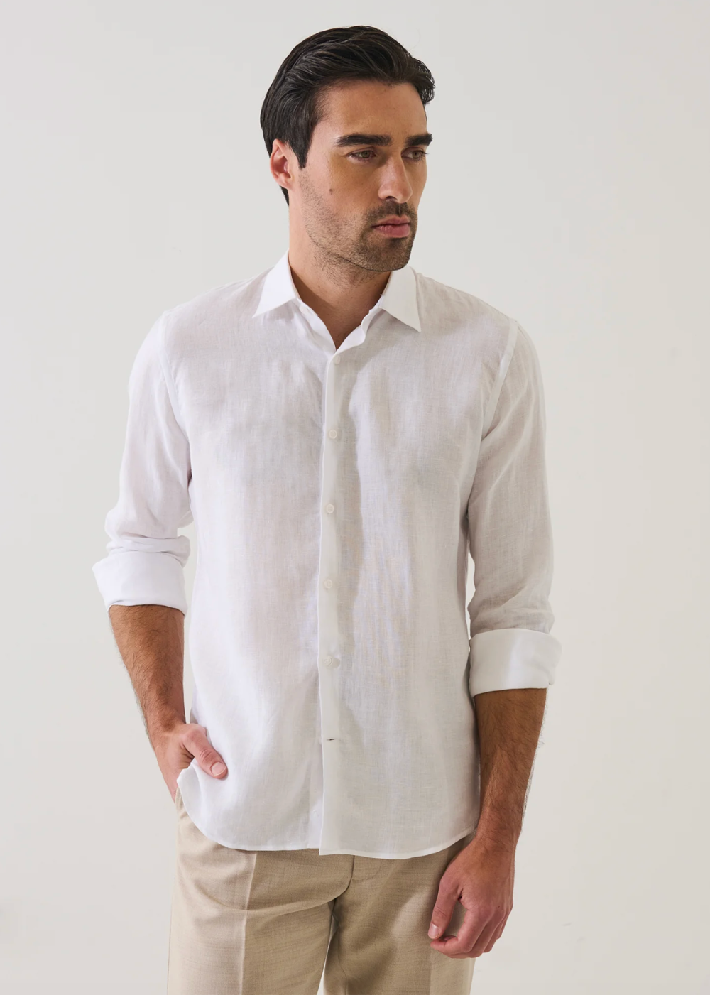 Linen Chambray Point Collar Sport Shirt - White - Patrick Assaraf Canada - Danali - P4313W21B