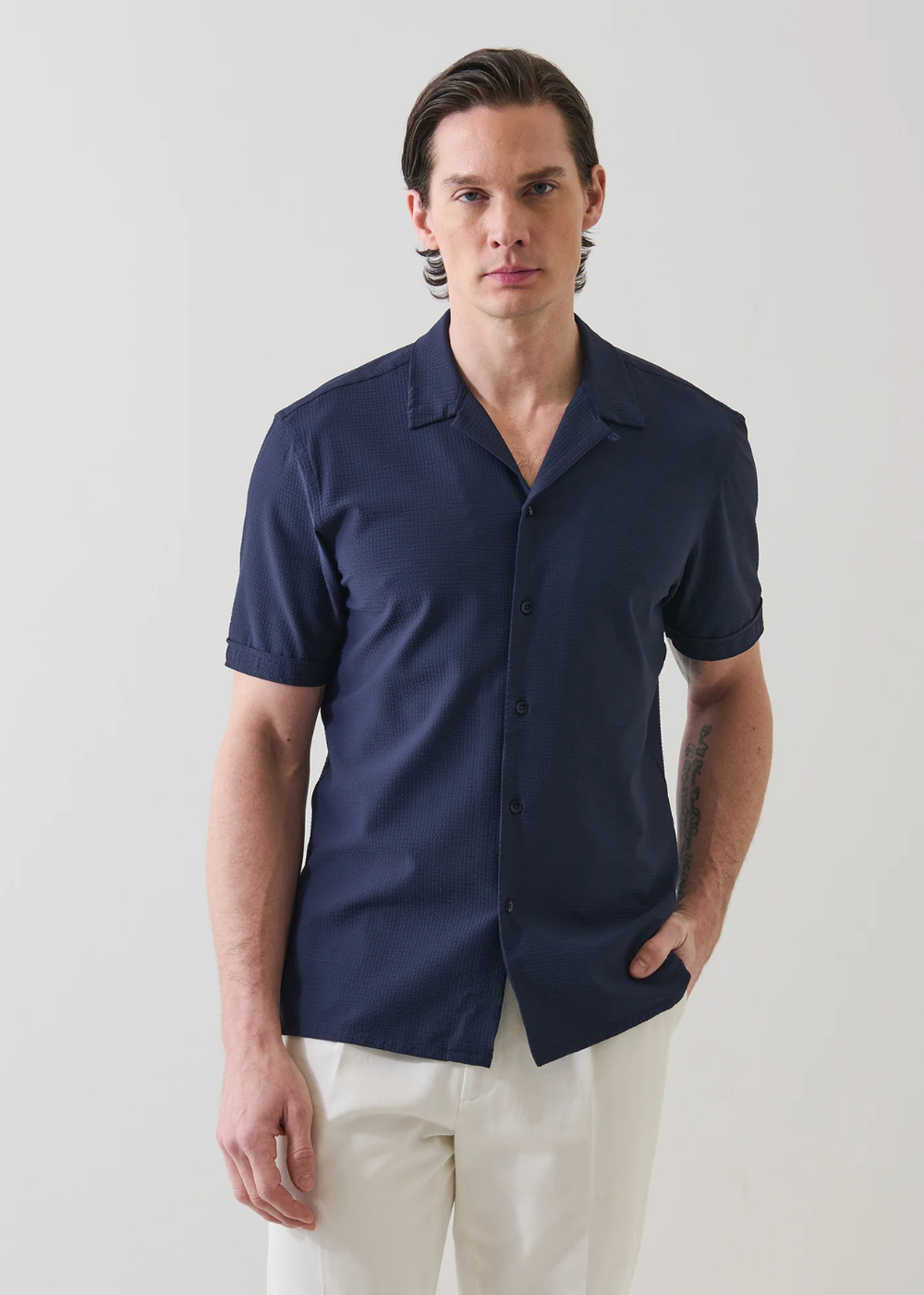 Seersucker Cotton Stretch Camp Collar Shirt - Navy - Patrick Assaraf Canada - Danali - P4703W23B