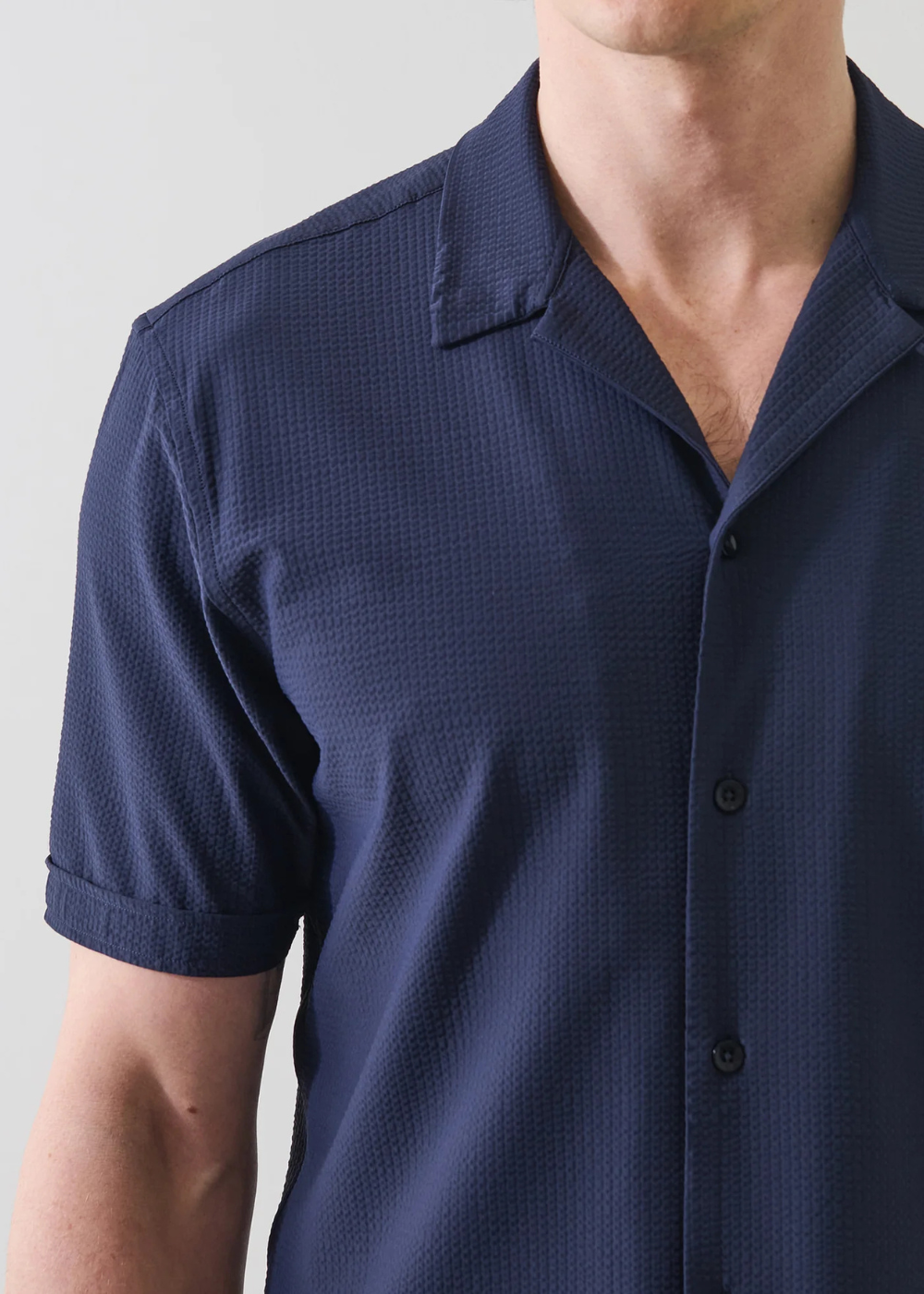 Seersucker Cotton Stretch Camp Collar Shirt - Navy - Patrick Assaraf Canada - Danali - P4703W23B
