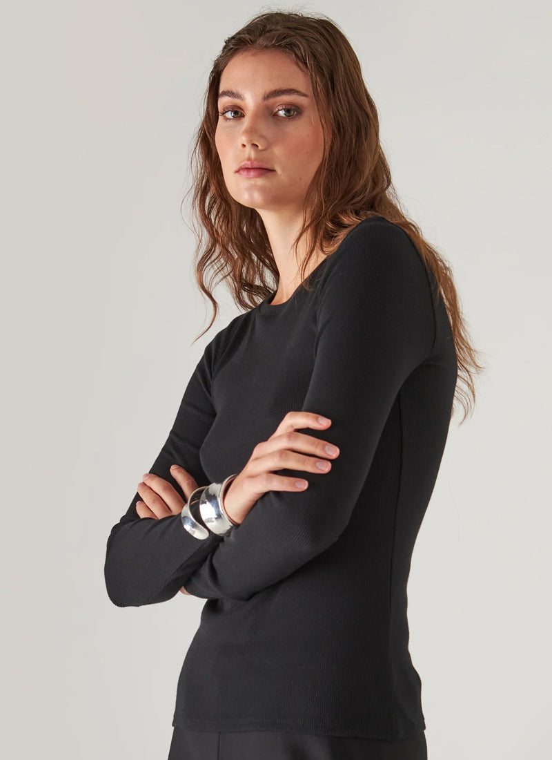 Cotton/Modal Vintage Rib Long Sleeve Crew T-Shirt - Black - Patrick Assaraf Canada - Danali