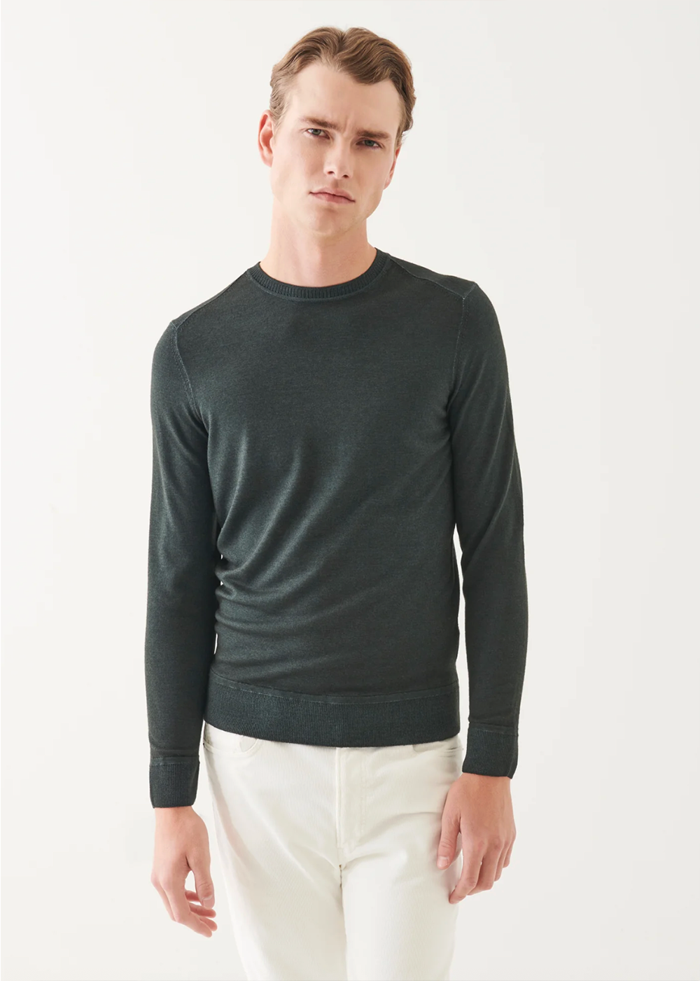 Extra-Fine Merino Vintage Wash Ribbed Hem Crewneck - Dusky Green - Patrick Assaraf Canada - Danali