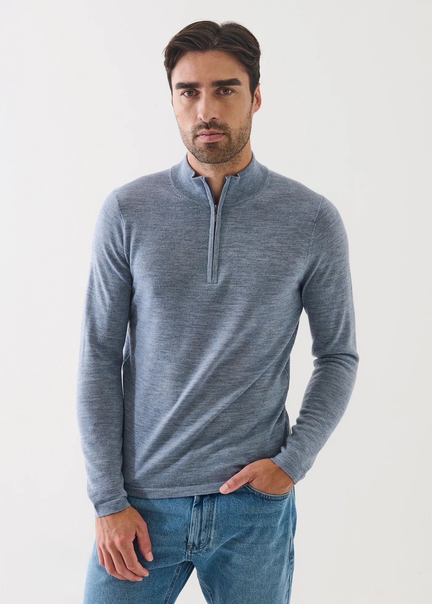 Extra Fine Merino 1/4 Zip Mockneck Sweater - Dusky Blue - Patrick Assaraf Canada - Danali