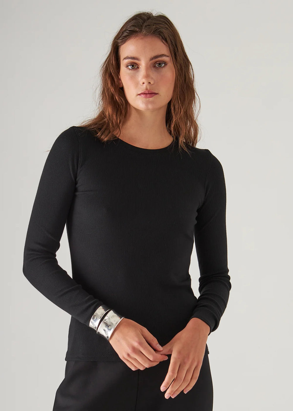Pima Stretch Ribbed Long Sleeve Crew T-Shirt - Black - Patrick Assaraf Canada - Danali - W954C10X
