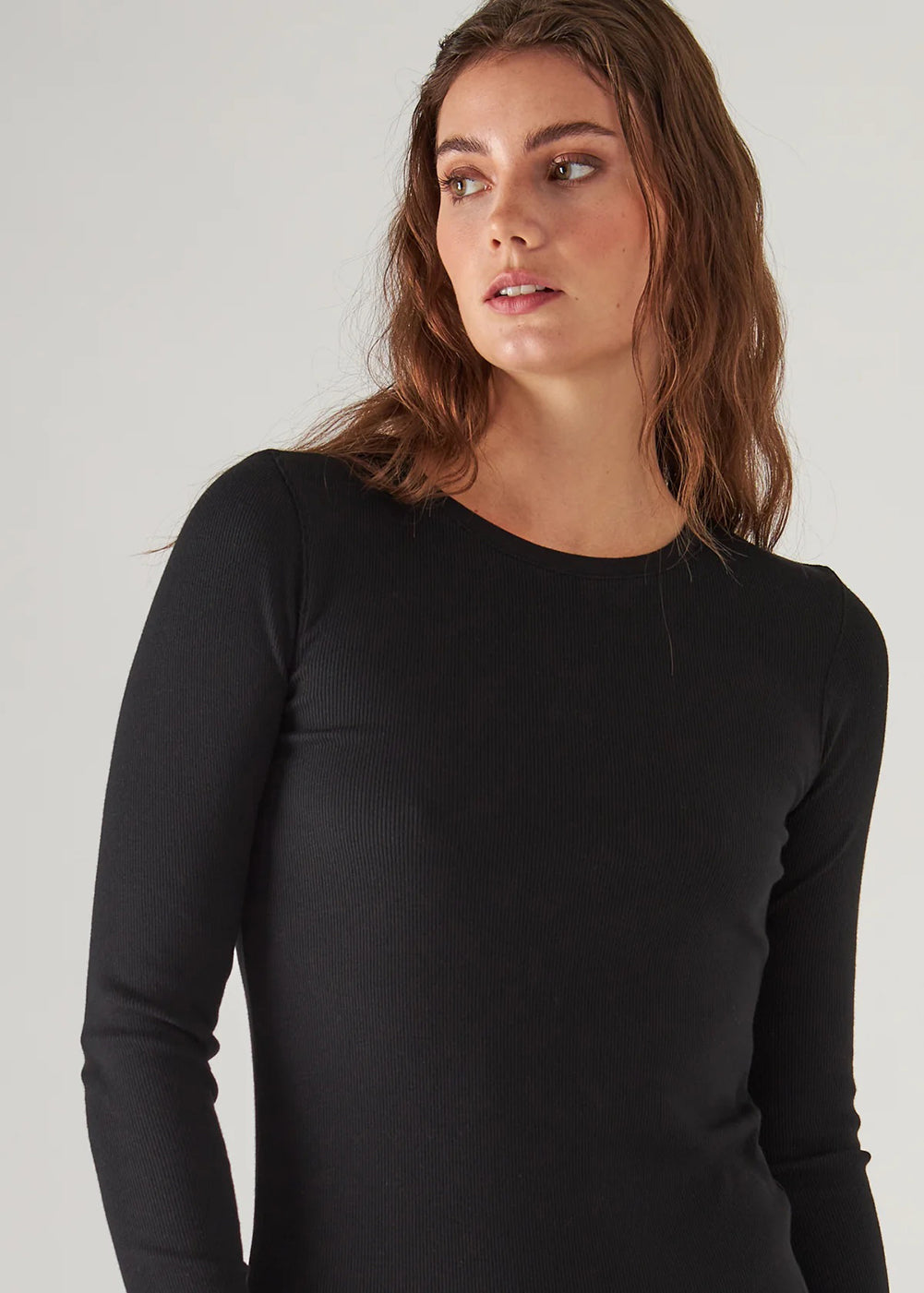 Pima Stretch Ribbed Long Sleeve Crew T-Shirt - Black - Patrick Assaraf Canada - Danali - W954C10X