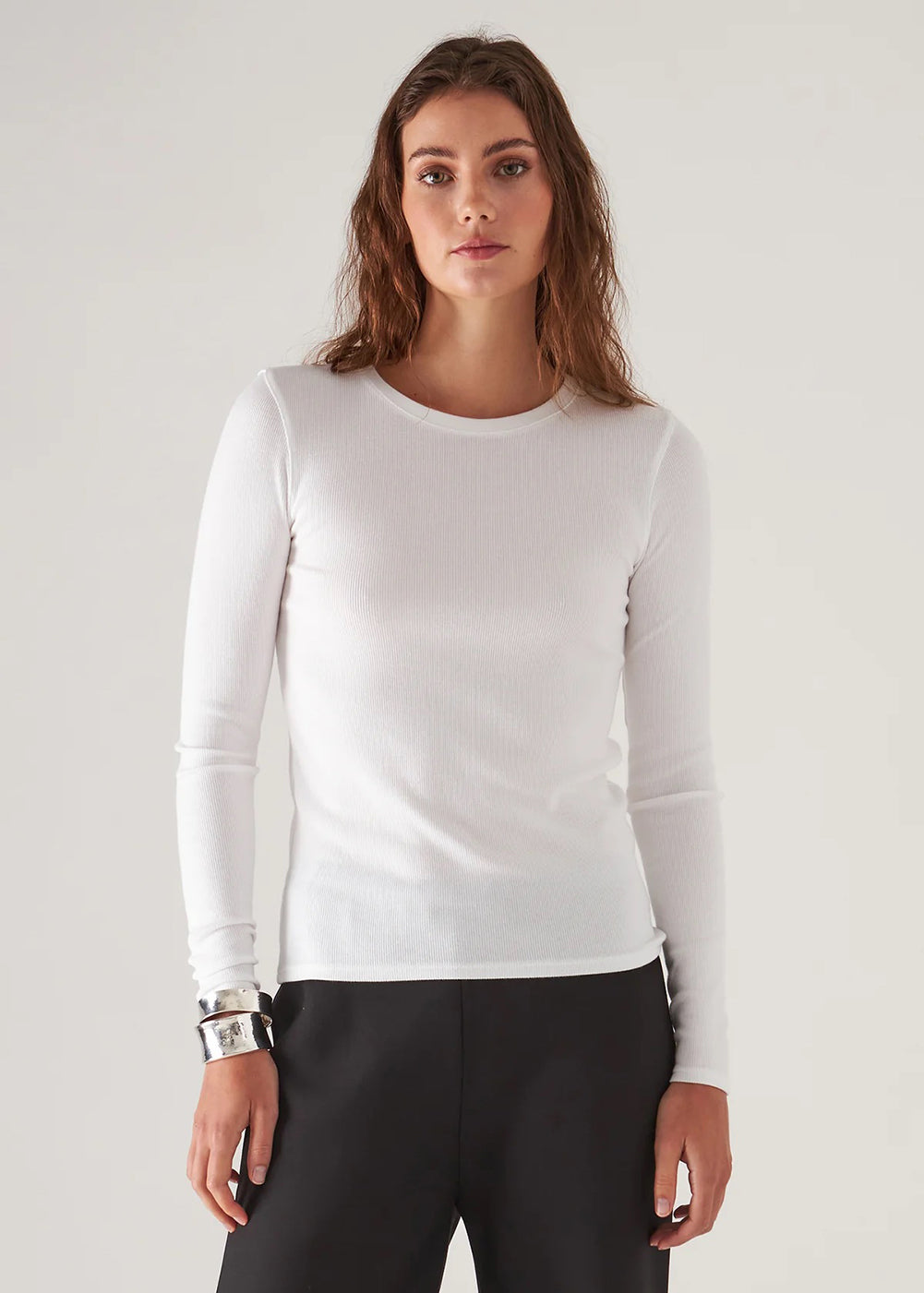 Pima Stretch Ribbed Long Sleeve Crew T-Shirt - White - Patrick Assaraf Canada - Danali - W954C10X