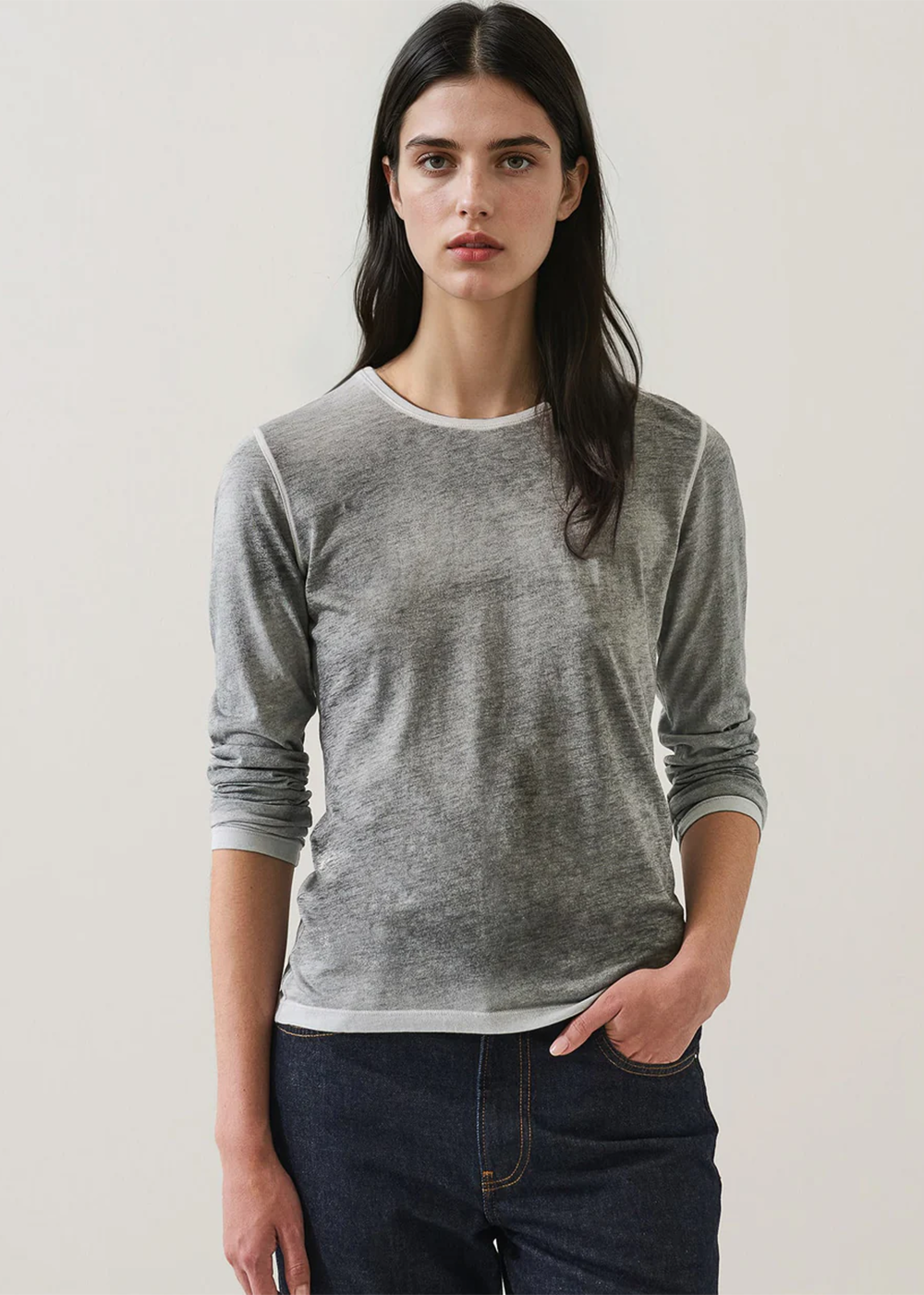 Reverse Spray Crewneck Long Sleeve Pima T-Shirt - Black - Patrick Assaraf Canada - Danali