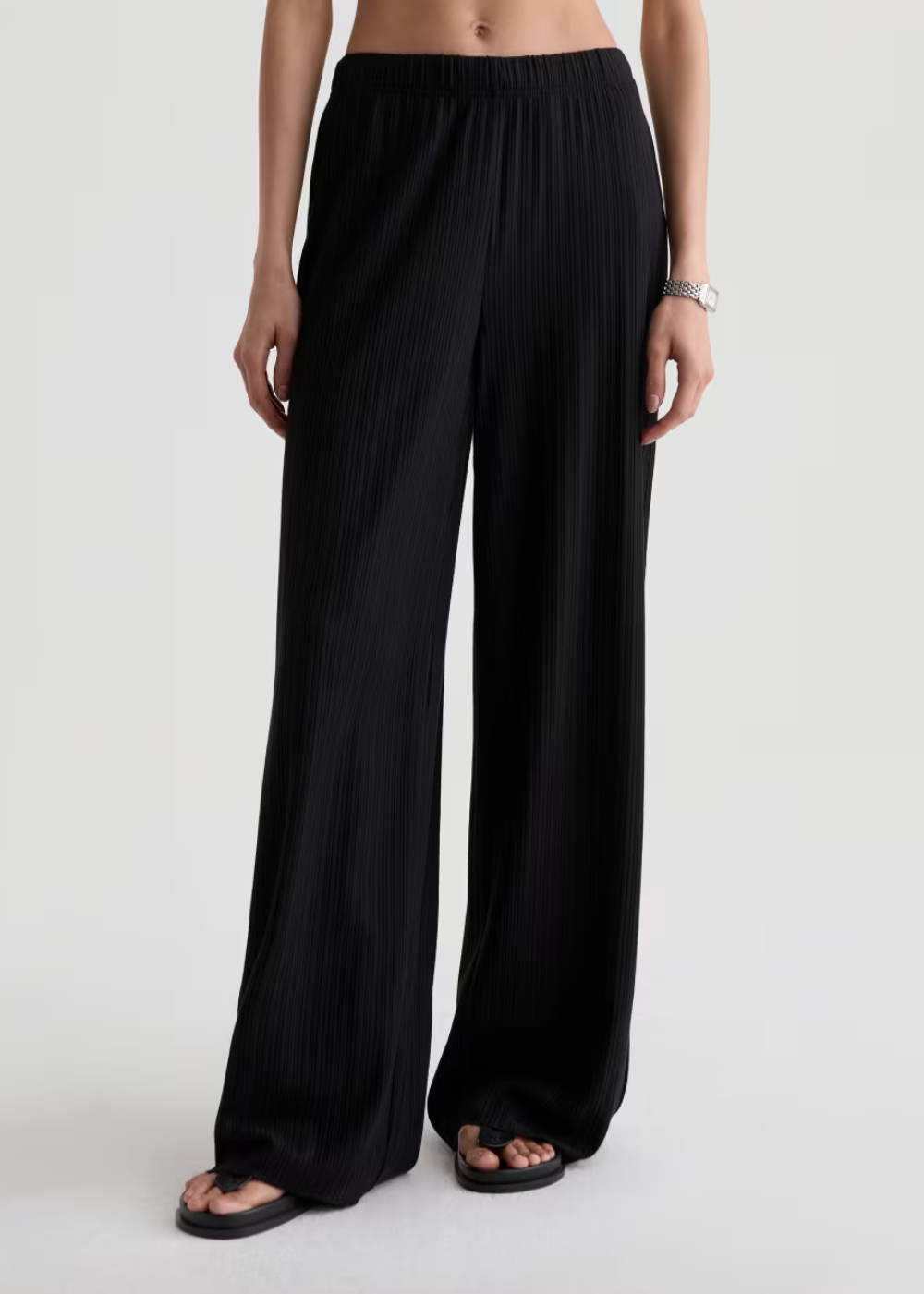A model wearing black wide-leg pleated trousers and black sandals, shown from the waist down against a plain light gray studio background.