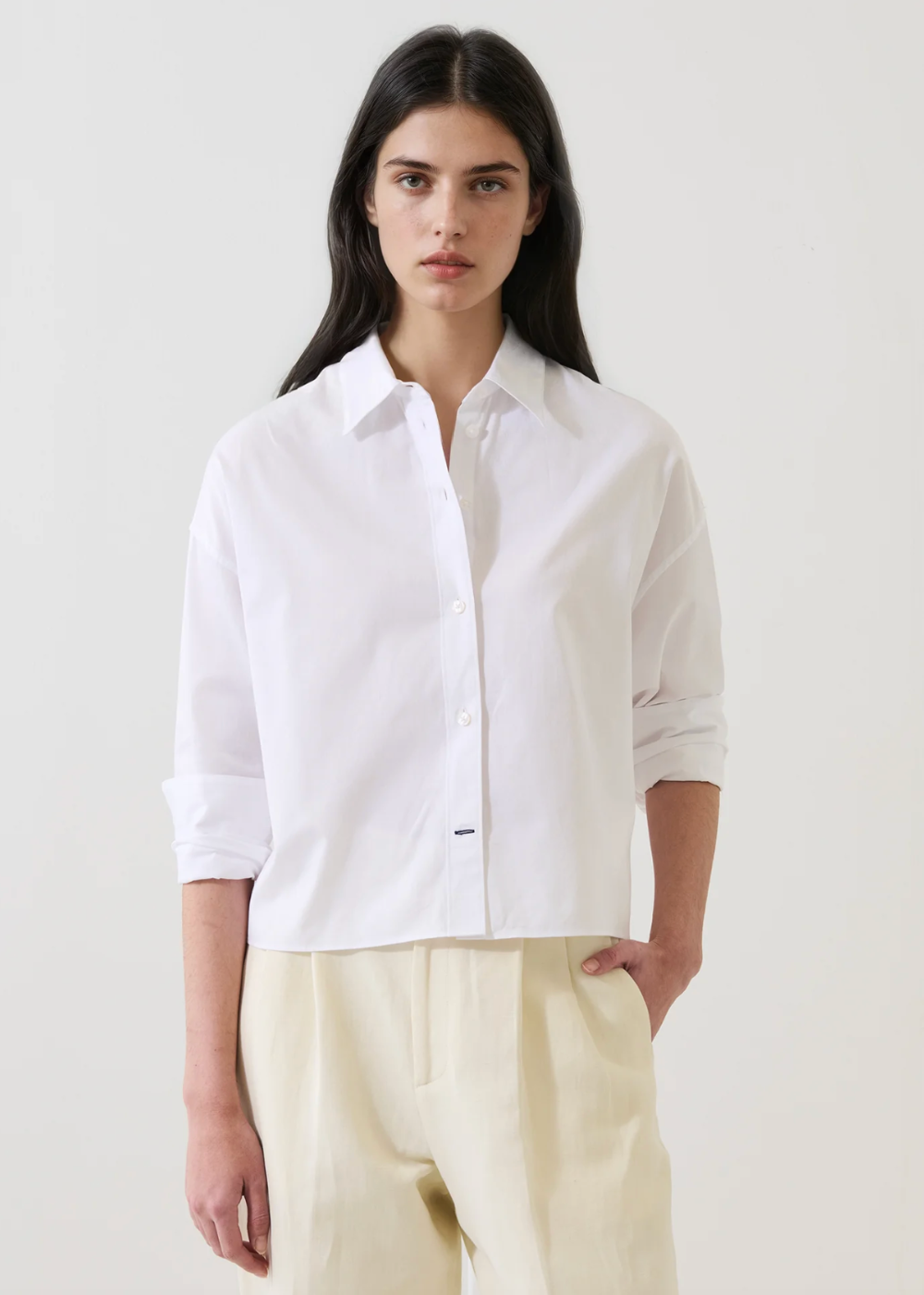 Cotton Boxy Long Sleeve Shirt - White - Patrick Assaraf Canada - Danali - W4228D14B