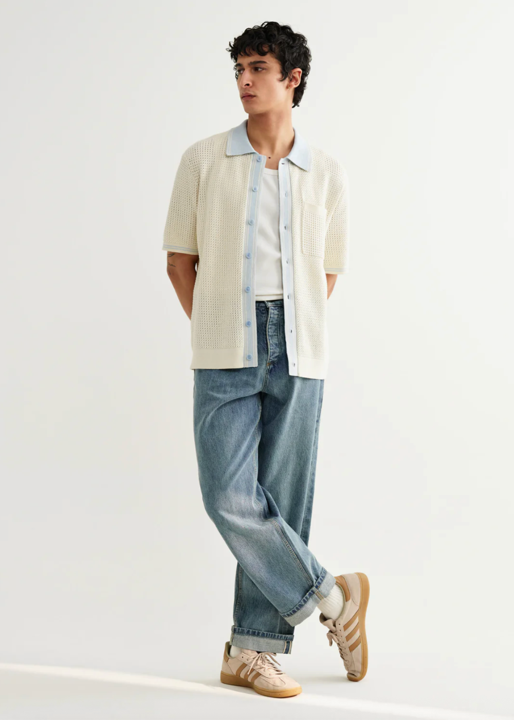 Belle SS Shirt Tipped Pointelle - Ecru/Pale Blue - Wax London Canada - Danali